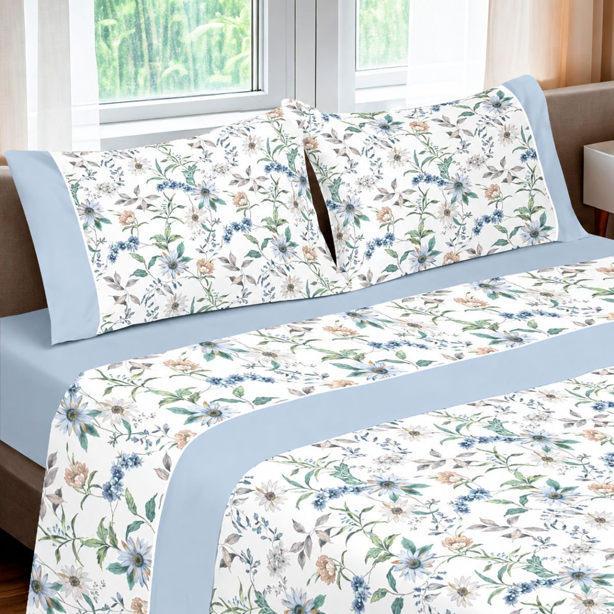 Lençóis de Cama Digital Flores Azul
